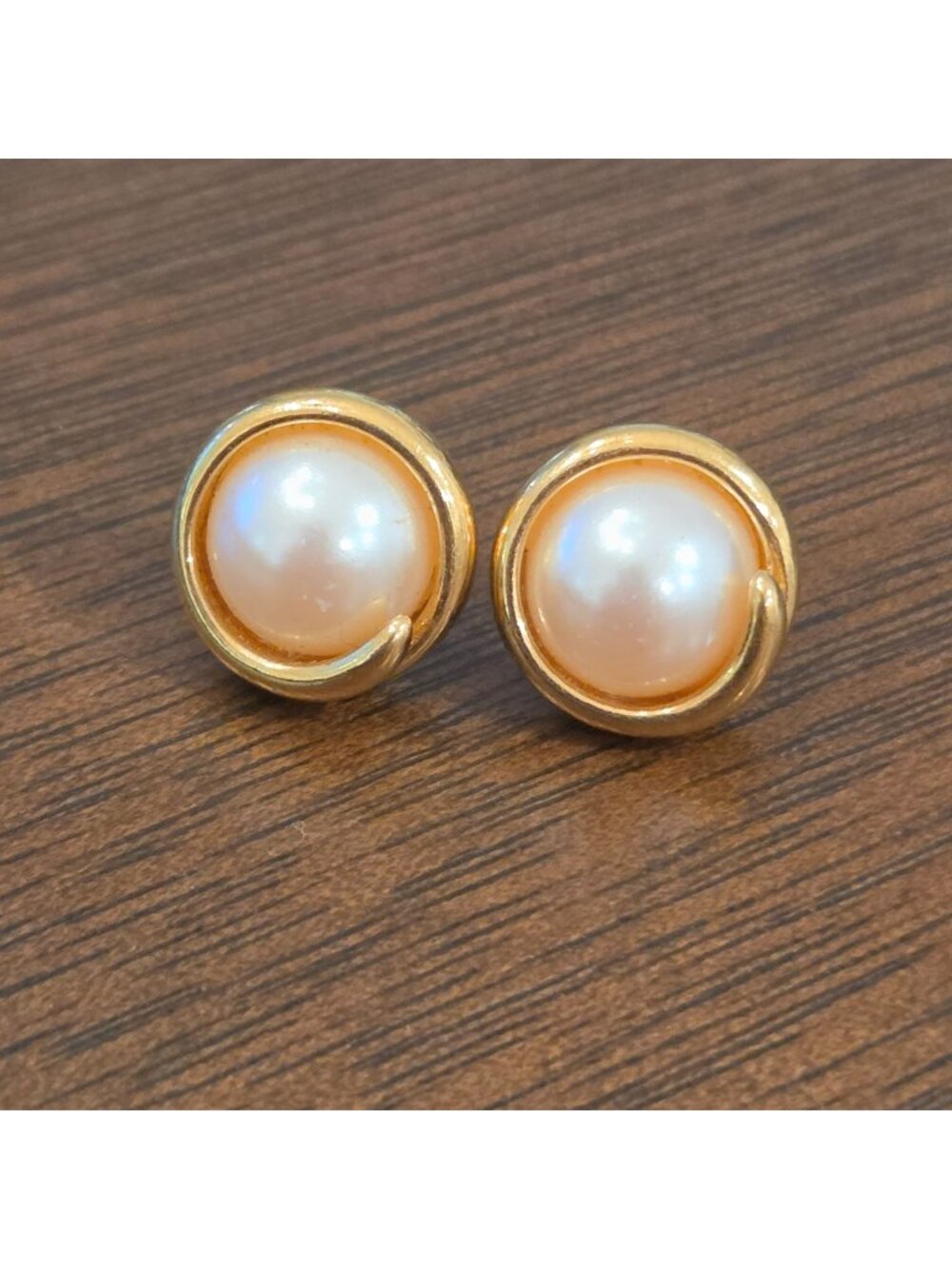 Monet Vintage Gold Tone Faux Pearl Button 1/2" Pierced Earrings
